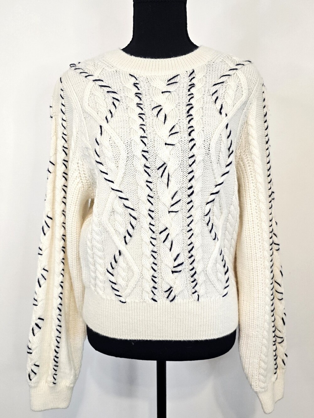 & Other Stories Paris Atelier Cream Cable Knit Wool Sweater Navy Whipstitch